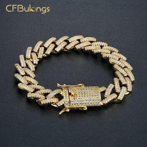 CFBulongs Mens Hip Hop Silver Color Bracelet Glittering Miami Cuban AAA Crystal Zircon Men Jewelry