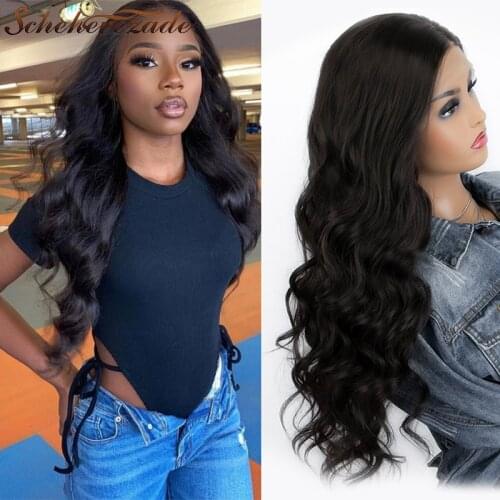 Black Synthetic Lace Front Wig Body Wave Lace Front Wig For Black Women Cosplay Long Wig 13×3 28inch Heat Resistant Scheherezade