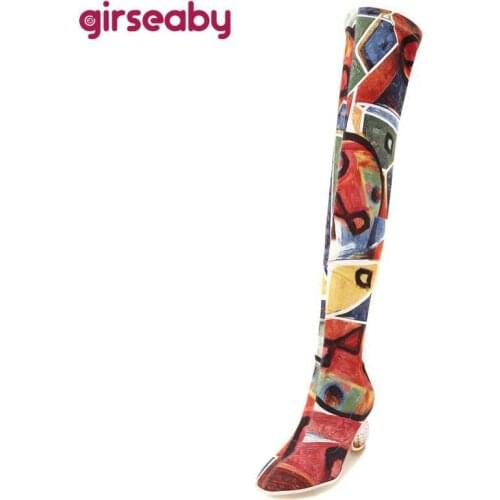Girseaby Women Thigh High Boots High Heels stretched boots graffiti print Spring Over The Knee boots silm ladies Botas Mujer