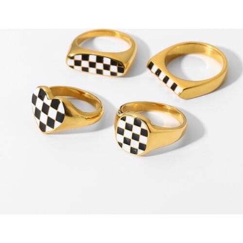 Classic Enamel Black White Checkerboard Grid Stainless Steel Rings For Women 18K Gold Plated Geometric Finger Rings Jewelry