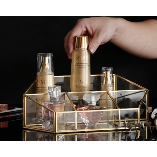 Brass Cosmetic Storage Rack Trays Polygon Glass Makeup Organizer Tray Desktop Storage Box Dessert Jewelry Display Holder Stand
