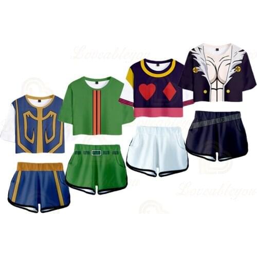 2021 Summer Cropped Tops T-shirt Suit Female Hunter Cosplay Hisoka 3D Cropped T-shirt Shorts Suit Casual Women Sets
