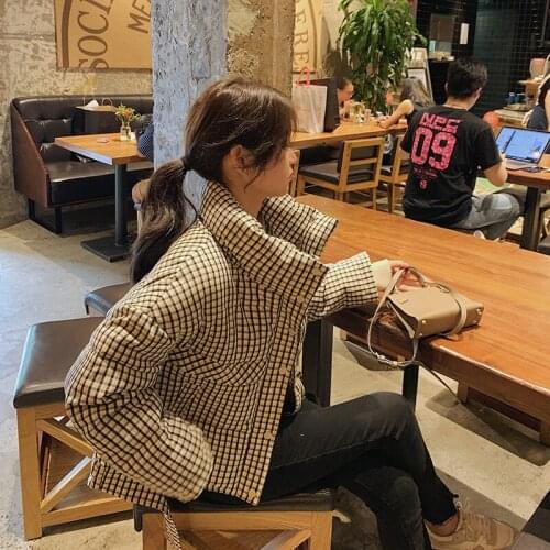 2021 New Winter Parka Jacket Women Korean Fashion Plaid Padded Coat Women Stand Collar Thick Warm Windbreaker Outerwear S-XL