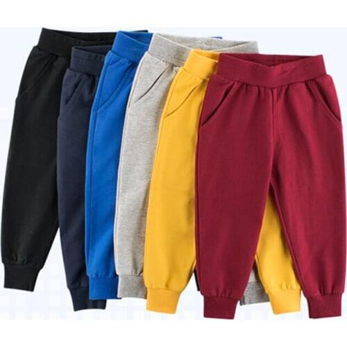 Boys And Girls Solid Color Autumn Trousers With Pockets Pure Cotton Elastic Waistband Sports Pants 2-8 Years Old