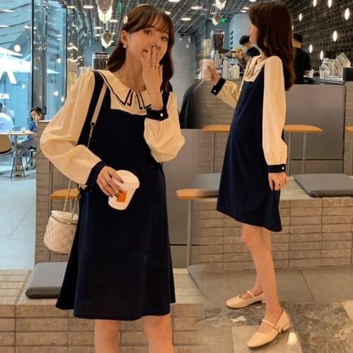 3003# Autumn Korean Fashion Patchwork Maternity Dress Long Sleeve Loose A Line Clothes for Pregnant Women Sweet Lovely Pregnancy