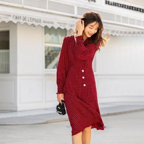 INMAN Spring Vintage Color Plaid Lady One Piece Medium Length Long Sleeve Retro V-Neck A-Line Irregular Hem Womens Dress