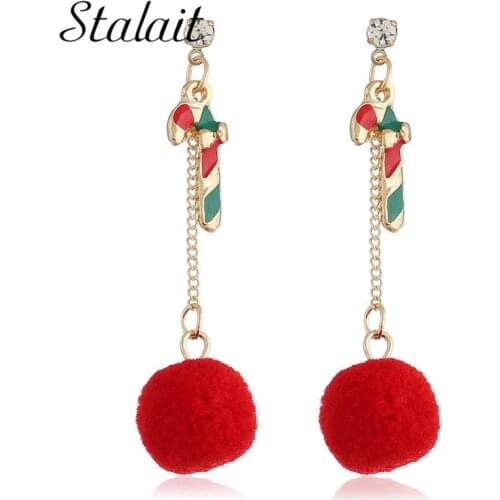 Romantic Christmas Sugar Red Pompon Pendant Drop Earrings Rhinestone Long Gold Color Chain Earrings Jewelry For Women Girl Gifts