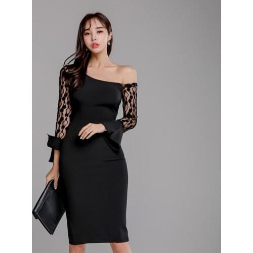S-XL Plus Size 2020 Autumn OL Work Dress Women Lace Patchwork Knee-Length Wrap Dress Lady Slim Tight Black Dress Woman Vestidos