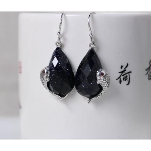 FNJ Vintage Black Shajing Earrings 925 Silver Original Pure S925 Sterling Silver Drop Earring for Women Jewelry Animal Fish