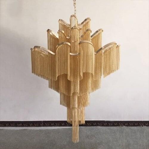 Modern Luxury Silver Gold Aluminium chain fringed Pendant Lamp Luxury Stair Pendant Hanging Light for Home Hotel Decoration