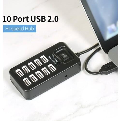 10 Port USB 2.0 Hi-speed Hub Simultaneous Use Fast Transfer of Large Files 480Mbps Transmission Speed One-key Control Hub