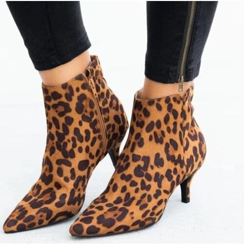 Leopard Print Womens High Heels Autumn Casual PU Zipper Fashion Ankle Boots Pointed Toe Low Thin Boots