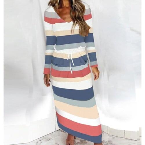 Striped Long Dresses for Women Drawstring V-Neck Long Sleeve Sexy Ladies Dress Fashion Autumn Female Clothing Mujer Vestido 2021