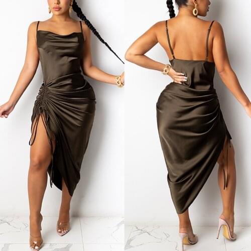 YANDW Summer Casual Dress Drawstring Spaghetti Straps Sexy Backless Long Sleeveless Dresses For Women Office Lady Street Ruched