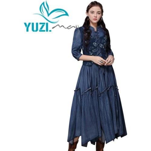 Dress Women 2020 Yuzi.may Boho New Denim Women Dresses Stand Collar Floral Print Half Sleeve Vintage Embroidery Vestidos A82199