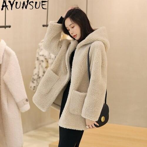 AYUNSUE 100% Real Sheep Shearling Coat Women Winter 2021 Hooded Casual Dur Coats Female Korean Style Jacket Manteau Femme Gxy222