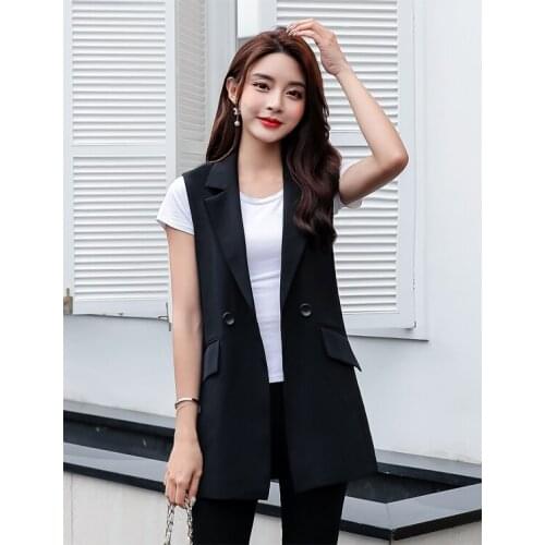 2021 Women Spring Summer Vintage Long Vest Female Button Notched Sleeveless Suit Vest Lady Casual Solid Plus Size Waistcoat I776