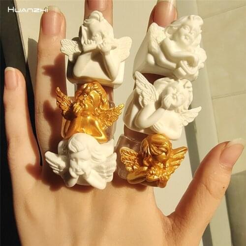 HUANZHI 2021 New White Gold Color Resin Angel Portrait Sculpture Square Transparent Rings Cute for Women Girls Party Jewelry