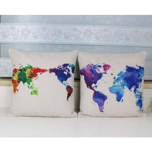 World map pillow cover, watercolor Creative world map cartoon throw pillow case pillowcase wholesale