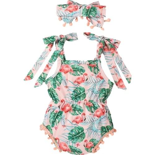2 Pcs Newborn Summer Outfits, Baby Girl Sleeveless Tie Up Flower/Flamingo Print Boat Neck Romper with Pompoms + Bowknot Headband