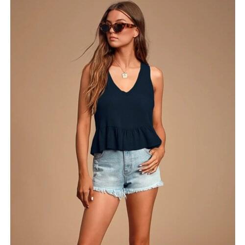 Summer Fashion Women Sexy Lotus Leaf Ruffle Tank Top Minimalist Style Slim Deep V-Neck Sleeveless Solid Tops