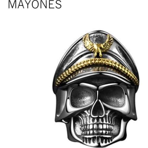 MAYONES Punk Army Cap World War II Skull Officer Ring Solid Real 925 Sterling Silver Ring for Men Vintage Thai Silver Jewelry