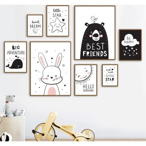 Star Sun Cloud Wall Art Prints Black White Bear Whale Poster Nursery Canvas Painting Rabbit Print Wall Pictures Baby Room Decor