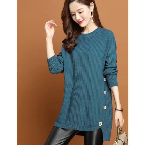 New Fashion Women Autumn Winter Long Knitted Sweater Pullovers Dress Casual Korean Clothes Button O-Neck Long Sleeve Warm Tops