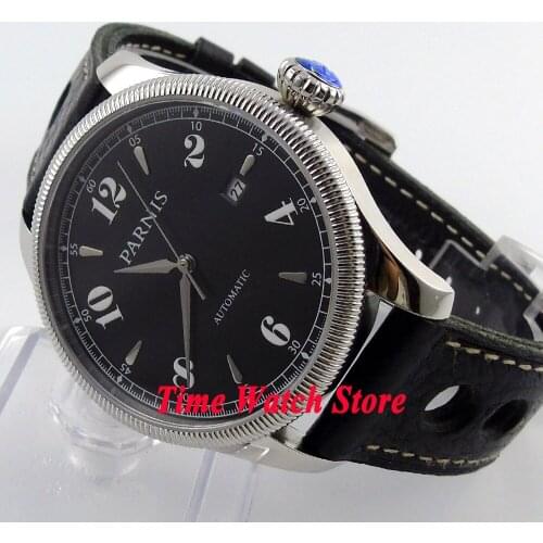 Parnis 42mm Miyota 821A Jewels 5ATM Automatic mens watch sapphire glass black dial leather strap date