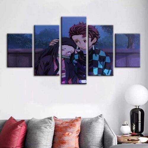 Canvas Printed Poster 5 Panel Demon Slayer Modular Painting Wall Art Decorative Anime Pictures For Living Room Home Decoration
