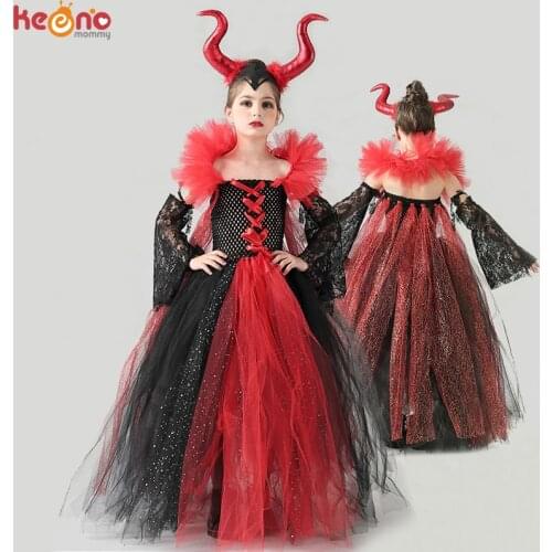 Vampiress Girls Halloween Fancy Tutu Dress Victorian Kids Vampire Queen Costume Children Dress Up Party Royal Vampire Gown Dress