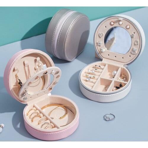 PU Jewelry Box with Mirror Portable 2-3 Layer Earrings Necklace Ring Storage Solid Small Jewelry Box with Mirror Travel Makeup