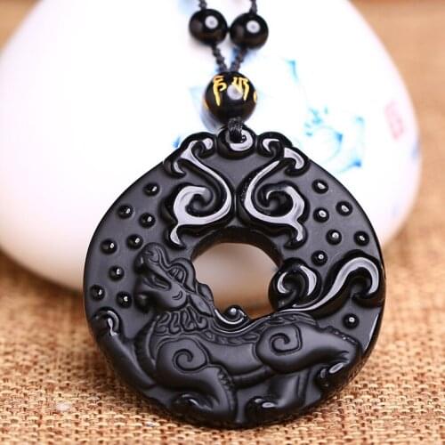 Drop Shipping Natural Black Obsidian Stone Pendant Carved Circle Pixiu Chinese dragon pendant necklace Men Jewelry