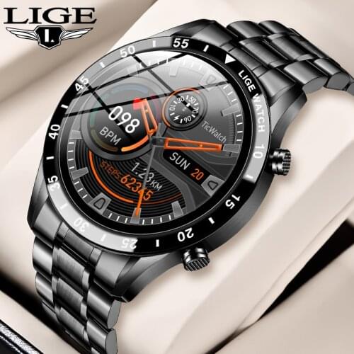 LIGE Smart Watch Steel Band Men Watch Real-time Heart Rate Monitor Weather Push Waterproof Business Smartwatch for Android iOS