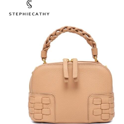 SC Fashion Genuine Leather Top-Handle Bags Women Designer Woven Cowhide Bucket Shoulder Handbags Female Crossbody Satchel Purses