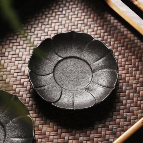 Zen Lotus Cherry Blossoms Design Black Pottery Teacup Tray Japanese Style Heat Insulation Coffee Cup Coaster For Home Office