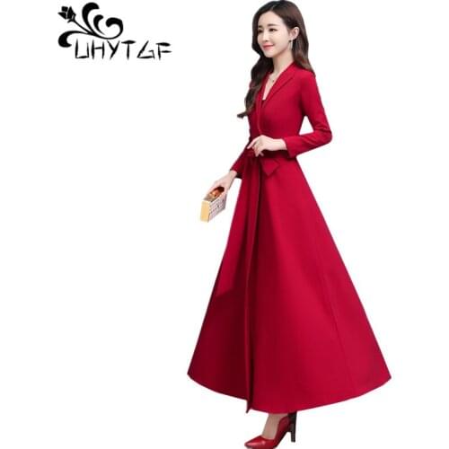 UHYTGF dresses for women New Korean high waist big swing long dress fashion long sleeve suit collar bow bandage autumn dress 988