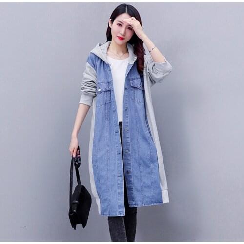 New Spring Autumn Women Patchwork Jeans Coat Casual Loose Single Button MD-Long Hooded Cowboy Outerwear For Females Denim Tops