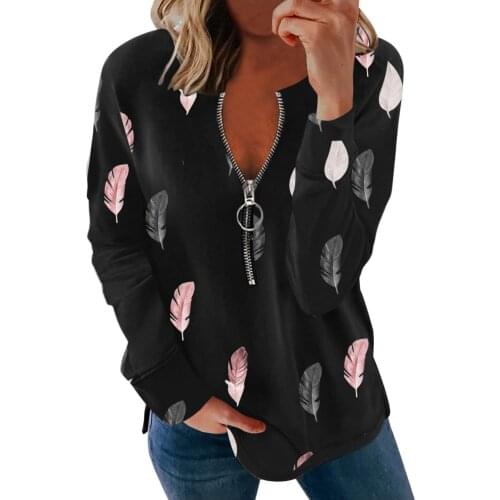 Autumn Oversized Zip Up T-shirt Top Harajuku Feather Print V-neck Graphic Tee Ladies Holiday Casual Long Sleeve Tshirts Pullover
