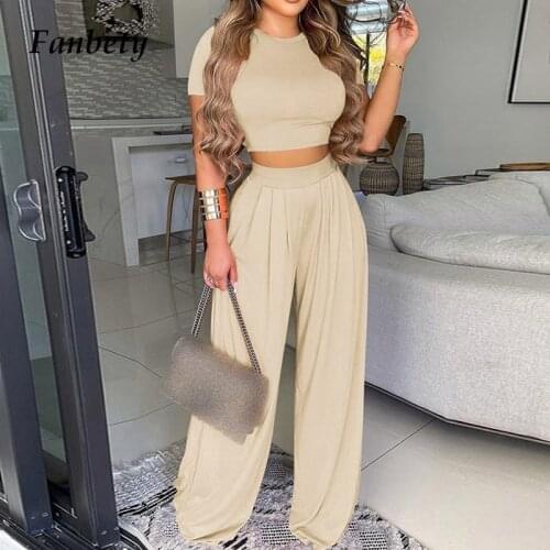 Women Summer O Neck Slim Tops And Wide Leg Pants Outfits Casual Soft Sports Home Suits Fashion Autumn Two Piece Sets Streetwear