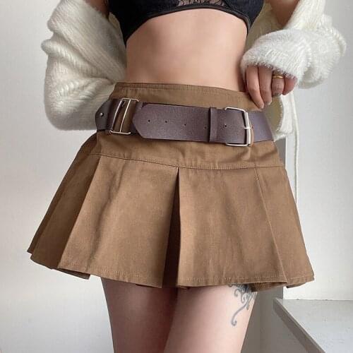 Women Punk Style Pleated Short Skirts with Belt Waistband Lady Summer Sexy High Waist Mini Skirt Woman Solid Khaki Cotton Skirt