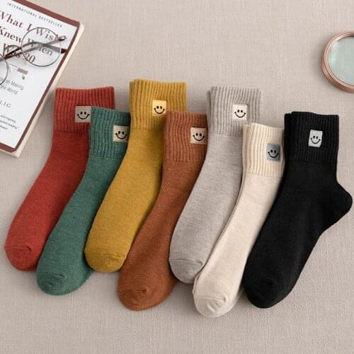 Ladies/Men Cotton Smiley Socks Embroidered Cartoon Cute Pure Color Breathable Socks Spring Harajuku Casual Black Smiley Funny