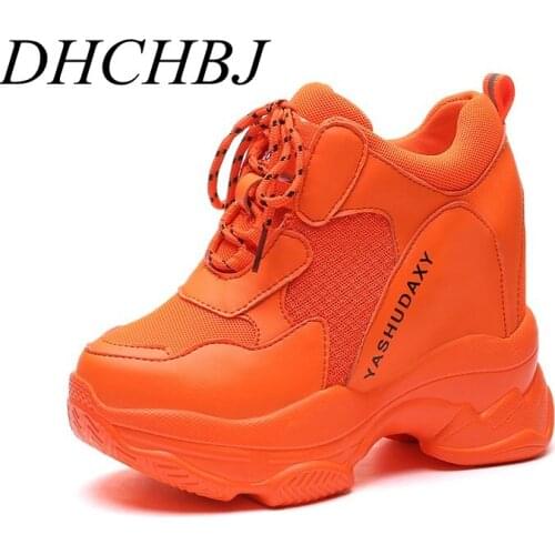 Women Platform Sneakers 2019 Summer Breathable Mesh Shoes Women Wedges Heels Casual Shoes 13 CM Thick Sole Trainers Red Shoes