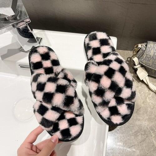 Womens Slippers, Warm and Color Matching Lattice Open Slippers, Womens Home Fashion Flat-bottomed Cross-floor Cotton Slippers