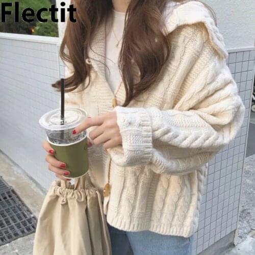 Flectit Womens Front Button Hooded Cardigan Sweater Thick Warm Cable Knit Loose-Fit Autumn Winter Korean Fashion Ladies Tops