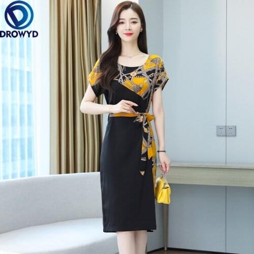 Lady Office Bandage High Waist Split Fork Round Neck Summer Chiffon Slim Elegant Vintage Black Print Party Midi Dresses Vestidos