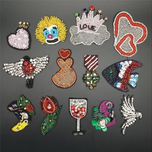 3D Handmade Rhineston beaded Patches Clown heart fish imperial crown Sew on sequined patch for clothing beading Applique cool