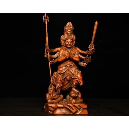 8" China Collection Old Boxwood Three heads six arms Mahakala Buddha statue Amitabha Buddha Statue God of War Mahakala