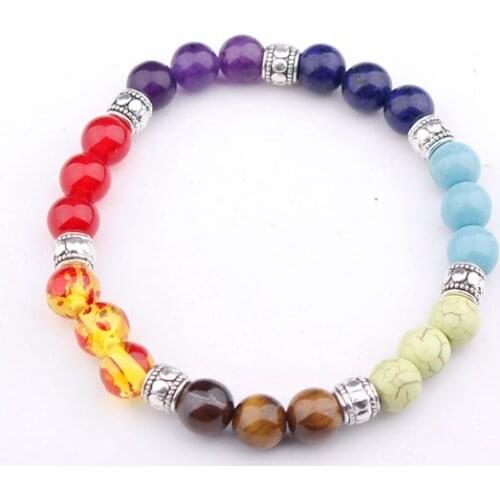 8mm Punk multicolor Agate Chakra Healing Reiki Buddha Yoga Bracelet elastic adjustable Volcanic Stone Bangles ccb3e