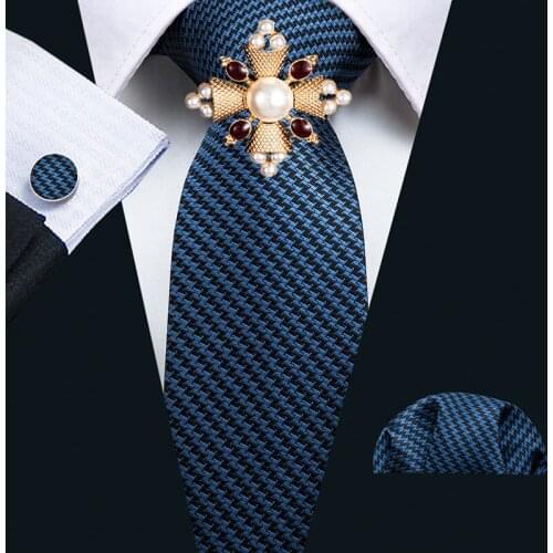 Barry.Wang New Arrival Bussiness Mens Tie Jacquard Blue Black Striped Silk Necktie Hanky Cufflinks Brooch Set For Wedding Party